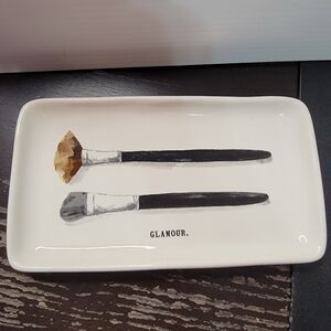 Rae Dunn White makeup brush trinket tray ceramic dish 9"x5"